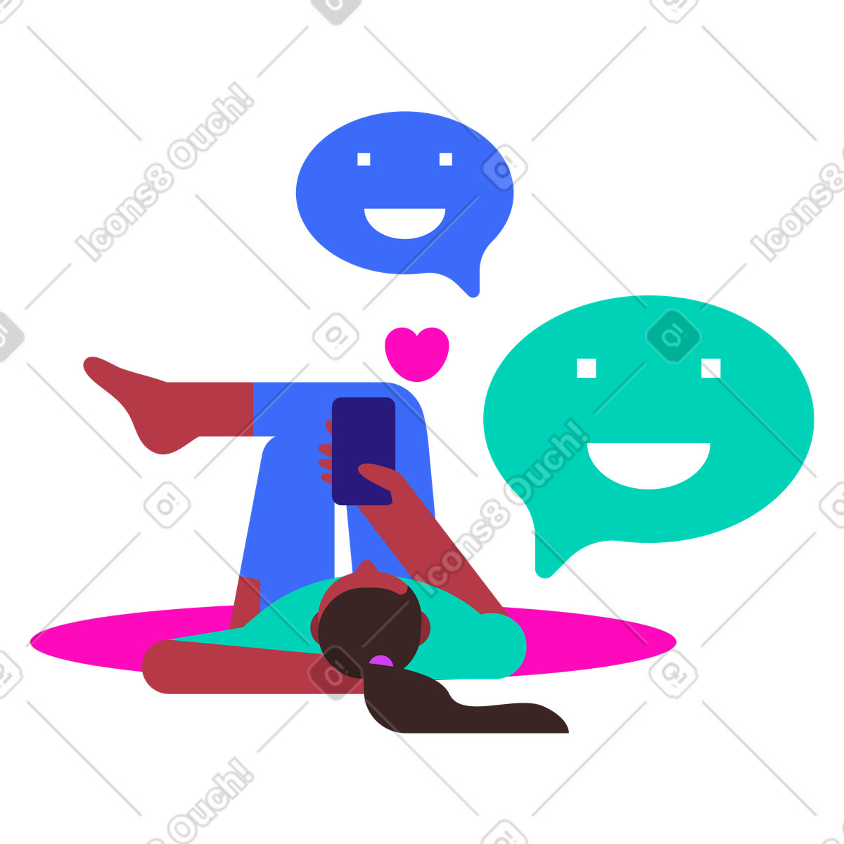 Basic スタイルの スマートフォンでオンラインチャットする女性 のイラストをPNG、SVG形式でダウンロード