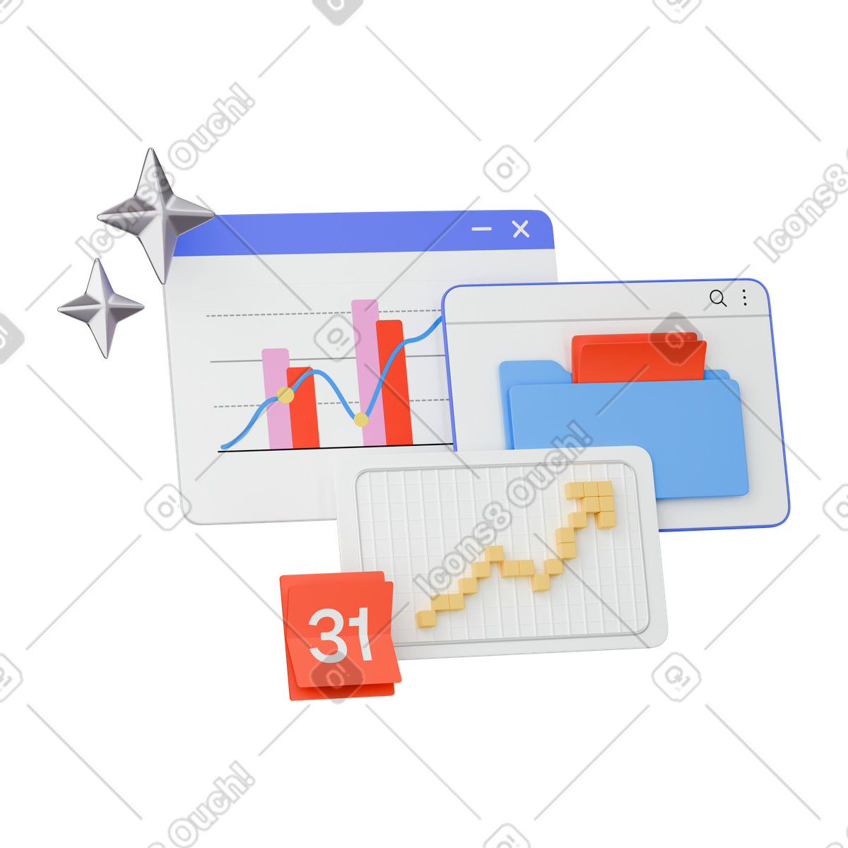 Analytics dashboard window with bar chart and line graph data-Illustration im 3D Stickle-Stil als Download in PNG, SVG