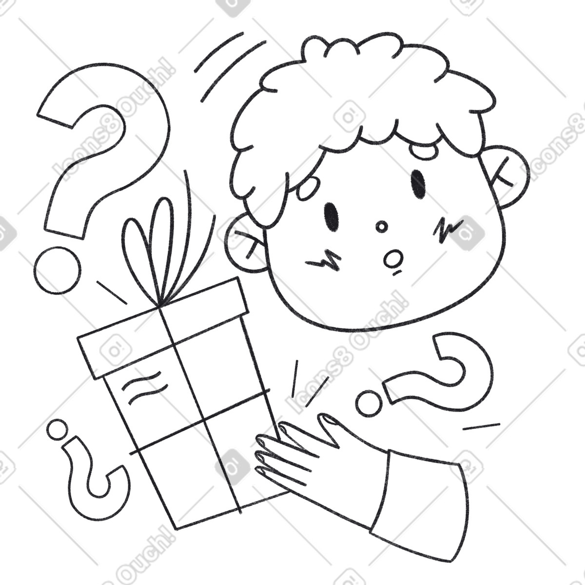 Der mann ist überrascht und fragt sich, was sich in dem geschenk befindet.-Illustration im Bonbon Line-Stil als Download PNG, SVG