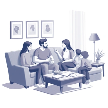 A family of four is gathered in a cozy living room. The parents are sitting on a comfortable sofa, looking engaged in conversation. One parent is holding a notepad and pen, while the other gestures thoughtfully. Their two children are sitting on the floor, leaning against the sofa, listening intently. The room is adorned with family photographs on the walls and a warm lamp casting soft light over the scene. A coffee table in front of them holds a bowl of snacks and a few open books. The atmosphere conveys a sense of support and collaboration as they discuss "ways to help a friend in need."