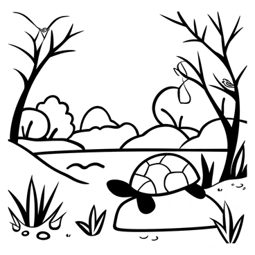A turtle resting on a rock beside the Euphrates River, with its shell clearly defined and textured. Nearby, several birds are perched on tree branches, their wings spread wide. The river flows gently in the background, reflecting the outline of the surrounding trees and foliage. In the foreground, some tall grasses sway gently, framing the scene. A few pebbles and small plants are scattered along the riverbank, enhancing the natural habitat.