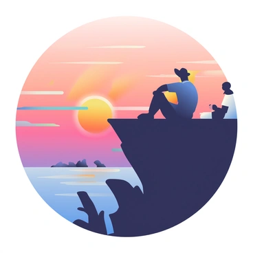 Silhouettes of three people are sitting on the edge of a cliff, facing a vibrant sunset. The sky is filled with a gradient of oranges, pinks, and purples as the sun sets on the horizon. The first person is wearing a wide-brimmed hat, their outline contrasting against the colorful sky. The second person has their arms stretched behind them, leaning back comfortably on the cliff's edge. The third person is sitting cross-legged, with their hands resting on their knees. Below the cliff, there are jagged rocks and the reflection of the sunset in the water.
