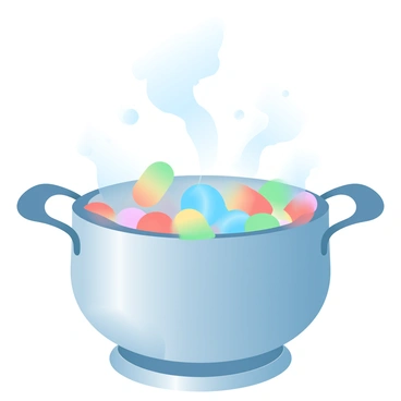A pot of water boiling with colorful candy pieces melting inside