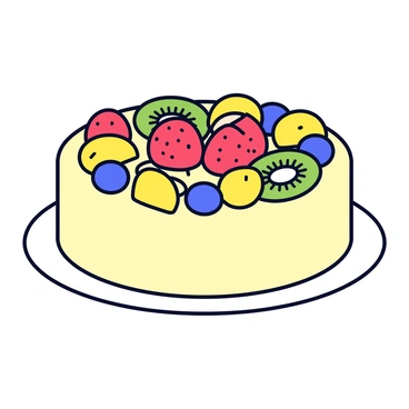 A light sponge cake with a smooth, pale golden surface. The cake is generously topped with an assortment of fresh fruits, including bright green kiwi slices arranged in a circular pattern, vibrant red strawberries and blueberries scattered across the top, and segments of juicy orange placed artfully. The cake is displayed on a simple white plate.