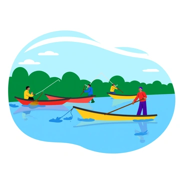 Three small fishing boats are floating on a calm river, each one manned by a fisherman. The fishermen are engaged in casting nets into the water, their arms extended as the nets unfurl gracefully. The boats are painted in bright colors, such as red, blue, and yellow, adding a lively touch to the scene. The surface of the river reflects the clear sky above, while gentle ripples form where the nets enter the water. Lush green trees line the riverbank, providing a vibrant backdrop to the tranquil fishing activity.