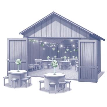 A rustic barn constructed from weathered wood, featuring large sliding doors that are partially open. The interior is adorned with an array of twinkling fairy lights strung across the ceiling beams, creating a warm ambiance. Wooden tables are arranged throughout the space, each set with delicate floral centerpieces in glass vases. Bunches of flowers are hung from the rafters, complementing the overall decorations. The floor is made of polished wooden planks, adding to the charm of the barn setting. A few chairs are set around the tables, inviting guests to take a seat at the wedding reception.