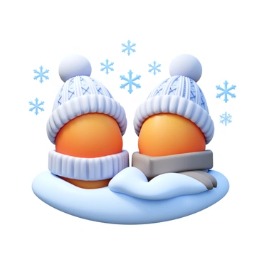 A pair of ovaries depicted wearing cozy winter attire, such as knitted hats and scarves. The scene includes delicate snowflakes gently falling around them, creating a winter atmosphere. The background features soft white and light blue hues to evoke a chilly environment. The ovaries are illustrated with a glossy finish, highlighting their organic shapes and textures alongside the contrasting textures of the winter clothing.