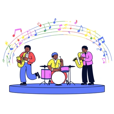 A group of musicians in a jazz band is positioned on a stage. The band includes a saxophonist, a trumpeter, and a drummer, each engaged in playing their instruments. Around them, vibrant musical notes in various colors—red, blue, yellow, and green—are depicted as flowing from the instruments, creating a dynamic visual effect. The notes are arranged in a swirling pattern that moves outward from the band, illustrating the lively atmosphere of the performance. The background is simple, allowing the colorful notes and musicians to stand out prominently.