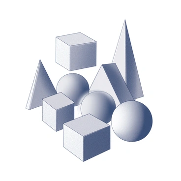 A collection of various geometric shapes, including triangles, circles, and squares, arranged in an intriguing composition. Each shape is distinctly defined, with sharp edges and clear outlines. The shapes interact with each other, overlapping and creating a sense of depth. The arrangement is balanced, showcasing both symmetry and asymmetry throughout the collection. The background is minimalistic, allowing the focus to remain on the shapes.