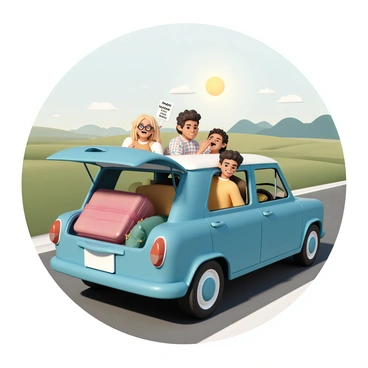 A car, a bright blue hatchback, is driving along a sunlit road surrounded by green fields and distant mountains. The trunk is open, overflowing with colorful luggage, including a large red suitcase, a green backpack, and a couple of sleeping bags. Inside the car, four friends are seated; a man with short brown hair, wearing a plaid shirt, is in the driver's seat, smiling as he drives. In the backseat, a woman with long blonde hair is leaning over, holding a phone displaying a song lyric, while a man with curly black hair is animatedly singing along. Beside him, a woman with glasses and a yellow sweater is laughing, clapping her hands to the beat. The bright sun casts warm light into the car, enhancing the joyful atmosphere of their adventure.