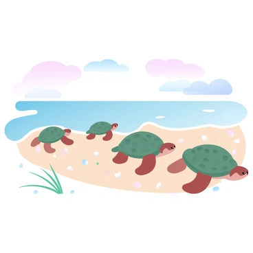 A group of sea turtles is moving across the sandy beach towards the ocean. Each turtle has a smooth, textured shell with shades of green and brown. The sand is light beige, dotted with small pebbles and seashells. In the background, gentle waves are lapping at the shore, reflecting soft pastel colors. A few tufts of sea grass are visible in the foreground, swaying slightly in the breeze. The sky above is filled with gradient hues of pink and blue, suggesting a serene early morning or late afternoon.
