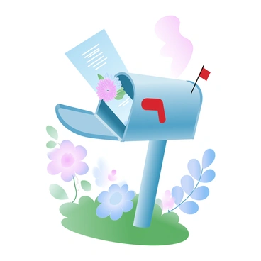 A printed illustration certificate is being inserted into a home mailbox. The mailbox is a classic design, made of metal, with a flag raised on the side. Surrounding the mailbox is a neatly trimmed lawn with colorful flowers blooming. A small pathway leads up to the mailbox, and there are soft shadows cast by nearby trees. The printed certificate features vibrant colors and intricate designs that can be seen peeking out from the mailbox.