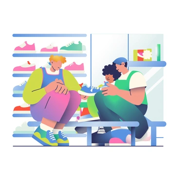 A salesperson with light skin and short brown hair is assisting a child with curly black hair in trying on a pair of colorful sneakers in a shoe store. The sneakers are bright blue with neon green accents. The child is sitting on a low bench, and the salesperson is kneeling beside them, holding one of the sneakers. The store has various shoe displays in the background, featuring different styles and colors. A large window in the store allows natural light to flood in, illuminating the cheerful atmosphere.