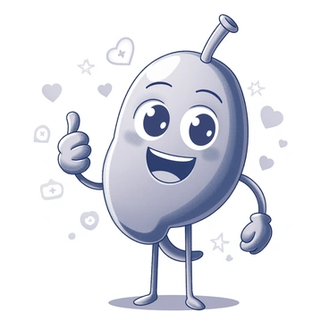 A cartoon character resembling a spleen stands upright, featuring a friendly face with big eyes and a wide smile. The character's arms are extended, with one hand prominently giving a thumbs up gesture. The background includes various health-related symbols, such as hearts and medical icons, to emphasize the importance of the spleen. The character's design is simple and whimsical, making it approachable and engaging for viewers.