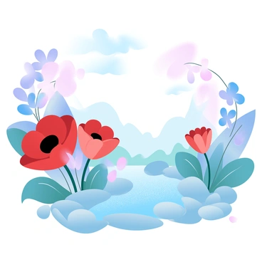 A vibrant garden filled with oversized flowers in various shapes and colors, such as large, vivid red poppies and bright blue daisies swaying gently. Among the flowers, small mystical creatures, resembling delicate fairies with translucent wings, dance playfully. A shimmering path made of sparkling stones winds through the garden, leading to a gently flowing stream with glistening water. The sky above is a soft gradient of pastel hues, creating a dreamy atmosphere.