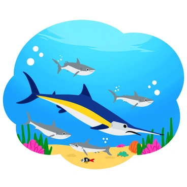 A vibrant marlin with a long, slender body and a striking blue and silver coloration swims gracefully through a clear tropical lagoon. Surrounding the marlin are several curious reef sharks, characterized by their sleek bodies and light gray skin. The lagoon's floor is dotted with colorful coral formations and various tropical fish darting about. Sunlight filters through the water, casting shimmering patterns on the sandy bottom. Bubbles rise gently from the marlin as it swims, creating a lively atmosphere in this underwater scene.