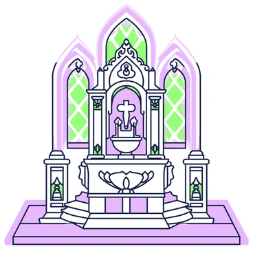 A baptismal fountain is situated in the center of a church, made of intricate stonework. The fountain features detailed carvings of religious symbols and figures, showcasing a blend of artistry. Surrounding the fountain, there are four pillared supports, each adorned with ornamental designs. The flooring is composed of patterned tiles that enhance the grandeur of the scene. Natural light filters in through stained glass windows, casting colorful patterns on the fountain and highlighting the ornate details around it.