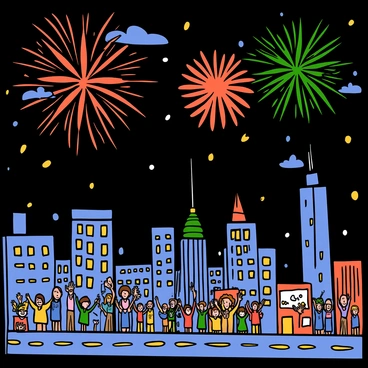 A skyline with tall buildings, featuring a variety of architectural styles. The scene is filled with bright, colorful fireworks exploding in the night sky, illuminating the clouds with vivid reds, greens, and blues. Below, a bustling city with streets filled with people, some looking up at the fireworks in awe, while others are celebrating. The buildings are outlined with lights, enhancing the festive atmosphere of the scene.