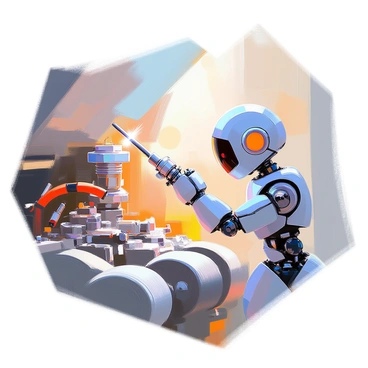 A tiny robot mechanic, made of shiny metal with articulated limbs, is positioned inside a large engine compartment. The robot has a focused expression as it inspects a giant spark plug, which dwarfs its small frame. The mechanical parts of the engine surround the robot, with wires and metal components visible in the background. Bright lights illuminate the space, casting reflections on the robot's surface and highlighting the intricate details of the spark plug. The scene conveys the robot's meticulous work as it examines the essential part of the engine.