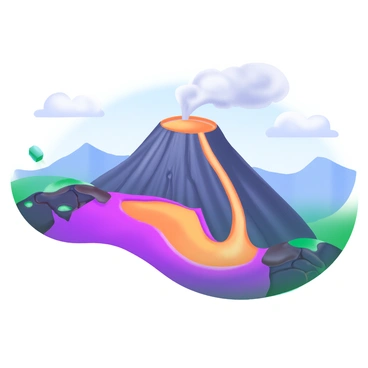 A modern pastel illustration of a volcano erupting. The volcano has a thick, dark gray cone shape with smoke billowing from its peak. Bright orange lava flows down the sides of the volcano, covering the Earth's crust in vibrant colors. The surrounding landscape features cracks in the ground, with patches of dark soil and rocks. In the background, there are distant mountains and a clear blue sky with a few fluffy white clouds.