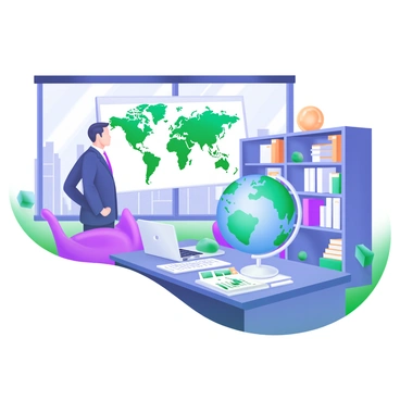 A modern pastel illustration featuring a business person standing in an office. The person is dressed in formal attire, looking at a large world map displayed on the wall. On the desk, there are multiple globes of different sizes, with one prominently placed in the foreground. Various documents and a laptop are scattered on the desk, indicating active work on global operations. The office has large windows with cityscape views, and bookshelves filled with business books line the walls.