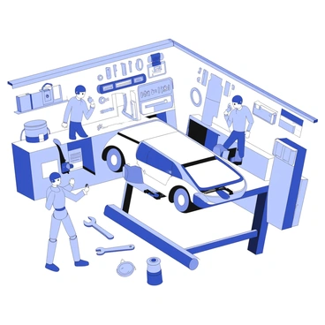 A robot is working underneath a car in a busy mechanic shop. The robot has a metallic body with articulated arms, tools attached to its joints. The car is elevated on a hydraulic lift, exposing its undercarriage. Surrounding the robot are various tools scattered on a workbench, including wrenches, screwdrivers, and oil cans. In the background, multiple mechanics are engaged in different tasks, adding to the hustle and bustle of the shop. The walls are lined with shelves holding spare parts and equipment.