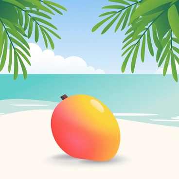 A ripe mango with a vibrant yellow and red skin is placed prominently on the white sandy beach. The sun casts bright reflections on the surface of the mango, highlighting its smooth texture. Surrounding the mango, tall green palm trees sway gently in the warm breeze. The sky above is a clear blue, with a few fluffy white clouds lazily drifting by. The gentle waves of the turquoise ocean lap at the shore in the background, completing the idyllic tropical scene.