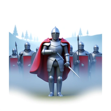 A knight in shining armor, gripping a sword, stands confidently on a foggy battlefield. He faces forward, leading a group of soldiers in armor behind him. The soldiers are equipped with various weapons, including spears and shields, and appear determined and focused. The fog swirls around their feet, partially obscuring the ground. In the background, faint outlines of trees and hills can be seen through the mist. The atmosphere is tense and charged with anticipation. The knight's cape billows slightly in the breeze, adding to the sense of movement as they prepare to charge into battle.