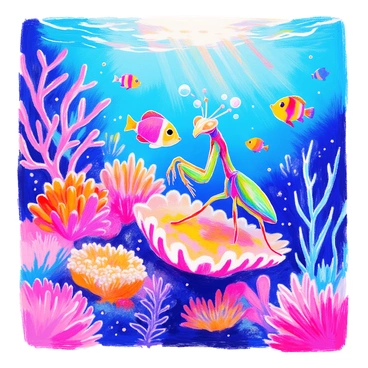 An orchid mantis with vibrant green and purple coloration is perched on a colorful coral in an underwater coral reef. Its intricate body mimics the blooms of flowers, enhancing its camouflage among the coral polyps. Surrounding the mantis, various species of colorful fish swim gracefully, weaving through the coral formations. Brightly colored corals in shades of orange, pink, and blue create a lively backdrop. Bubbles rise from the mantis as it curiously examines its surroundings, with shafts of sunlight illuminating the water above, casting a shimmering glow over the scene.
