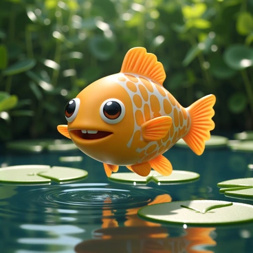 A comical fish with large, round eyes and a wide smile swims in a pond. Its scales have a bright bullseye pattern in contrasting colors, creating a playful appearance. The fish's fins are exaggerated and flutter gracefully as it moves through the water. The pond is surrounded by lush greenery, with lily pads floating on the surface and small ripples forming around the fish. Sunlight filters through the leaves, casting dappled shadows on the water.