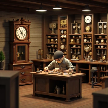 An intricate watchmaker's shop with wooden workbenches and shelves filled with various clocks and watches. The shop features a large wooden grandfather clock standing in one corner, with ornate carvings and a polished finish. A skilled watchmaker, wearing a magnifying monocle, is focused on assembling a delicate wristwatch, surrounded by tiny tools and watch parts scattered on the table. Small clocks with intricate gears and elegant designs are displayed prominently on the walls. The warm, ambient lighting creates a cozy atmosphere, highlighting the craftsmanship in each timepiece.