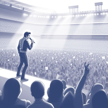 A large stadium filled with thousands of fans. The crowd is energetic, with hands raised and some waving banners. On stage, "Elvis Presley" is performing, dressed in his iconic jumpsuit, with an elaborately decorated collar. He holds a microphone and exudes charisma as he engages with the audience. Bright stage lights illuminate him, creating a focal point amidst the sea of fans. The atmosphere is vibrant, with excitement radiating from the crowd.