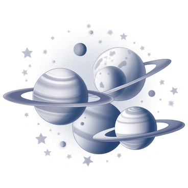 A collection of planets in varying sizes is arranged within the composition. Each planet displays distinct surface features, including craters and atmospheric bands. Stars of different sizes are scattered throughout the image, twinkling with varying luminosity. The planets and stars are intertwined in a dynamic arrangement, suggesting movement and interaction. The background is filled with celestial elements that enhance the sense of depth and infinity, creating a rich tapestry of cosmic elements.