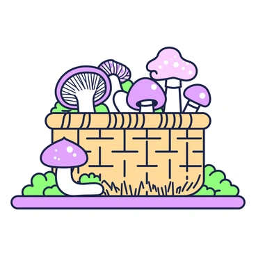 A wicker basket is placed on a wooden surface, filled to the brim with freshly picked wild mushrooms. The mushrooms vary in size and shape, with some small and round while others are larger and more elongated. The basket's weave is intricate, showcasing natural fibers in a textured pattern. Surrounding the basket, there are patches of green moss and a few fallen leaves scattered about. The scene gives the impression of a recent foraging trip, with the mushrooms displaying their unique caps and gills.
