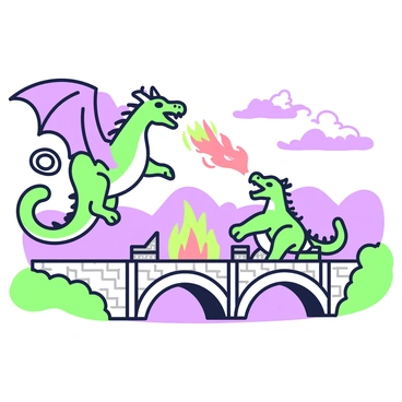 Dragons flying over a bridge, their fiery breath igniting parts of the structure