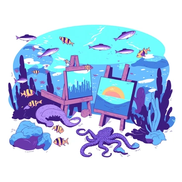 An underwater art gallery features various colorful paintings depicting the sea, arranged on coral-like frames. Schools of vibrant fish swim around, pausing in front of the artworks as if admiring them. Some fish have bright scales that shimmer in the light filtering down from the surface. An octopus rests on a nearby rock, its tentacles gently touching a painting of a sunset over the ocean. The gallery is filled with a variety of marine plants swaying with the currents, creating a lively atmosphere.