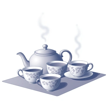 A tea set arranged on a simple table. The set includes a teapot and several teacups, each adorned with "intricate blume patterns" that cover their surfaces. Steam is visibly rising from the cups, creating a delicate mist above them. The scene captures the elegant shapes of the teapot and cups, with the handles gracefully curved. The table beneath them is plain, ensuring the focus remains on the tea set and the gentle swirl of steam above.