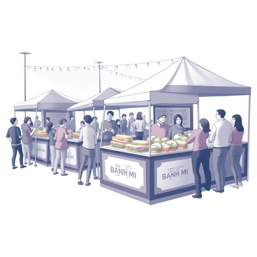 A lively outdoor festival dedicated to banh mi. Several colorful stalls are set up, each featuring different varieties of banh mi sandwiches, with fresh ingredients displayed prominently. There are decorative banners and strings of lights overhead, adding to the festive atmosphere. Groups of happy attendees are gathered around, some holding banh mi sandwiches, while others are engaged in conversation. The scene is filled with the energy of people enjoying the food and the ambiance, creating a sense of community and celebration.