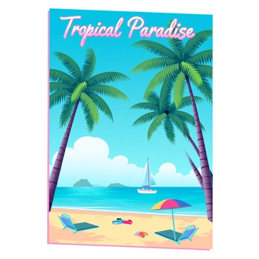 A vibrant vintage travel poster depicting a tropical paradise. In the foreground, there are tall, lush palm trees swaying gently. The background features a bright blue sky dotted with a few fluffy white clouds. Below the palm trees, there is a pristine sandy beach with soft golden sand. The turquoise ocean gently laps at the shore, reflecting the sunlight. Scattered throughout the beach are colorful beach umbrellas and towels. In the distance, a small sailboat glides smoothly across the water. "Tropical Paradise" is elegantly written at the top in a retro font.