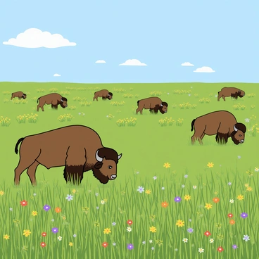A vast wide prairie stretches across the scene, covered with an array of colorful wildflowers in shades of yellow, purple, and red. Tall grasses sway gently in the breeze, creating a textured green landscape. In the foreground, a herd of large bison grazes peacefully. The bison have thick, dark brown fur and are scattered throughout the prairie, some bending their heads down to munch on the grass, while others stand tall, scanning the horizon with curious expressions. The sky above is blue with fluffy white clouds scattered across, completing the serene prairie environment.