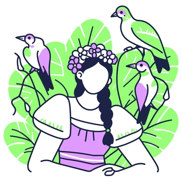 A woman with a braided hairstyle, wearing a traditional Mexican dress, is seated in a lush garden. She has a floral headpiece adorned with vibrant flowers. Around her, several tropical birds are perched on the branches of nearby trees. The birds display a variety of feather patterns and are in shades of green and purple. The background features dense foliage with large leaves, creating a rich, natural environment. Sunlight filters through the trees, highlighting the colors of the flowers and the birds.