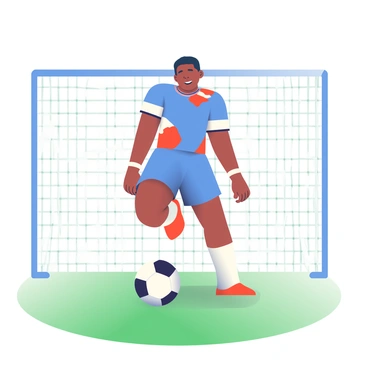 Kylian Mbappe, a young man with dark hair and wearing a blue soccer jersey adorned with white and red accents, is captured in an action shot. He is positioned on a lush green soccer field with a well-defined white goal in the background. His right leg is extended back in a dynamic motion as he prepares to strike the ball with intense focus. The soccer ball, which is black and white, is just a few inches away from his foot. His expression is one of determination, showcasing his commitment to scoring a goal. The scene conveys energy and movement, with a slight blur suggesting his rapid motion towards the goal.