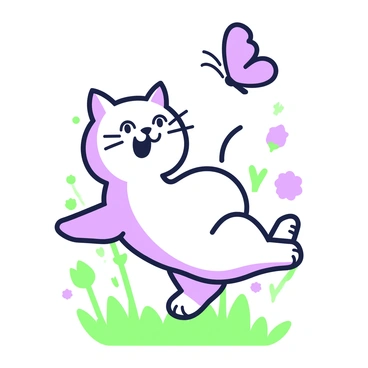 An outline of a playful kitten is positioned in mid-air, leaping joyfully as it chases after a butterfly. The kitten has large, expressive eyes and long whiskers, while its fur is fluffy and has a dynamic posture that conveys movement. The butterfly hovers just above the kitten, its wings spread wide. The background features soft lines to suggest grass and flowers, enhancing the playful scene.
