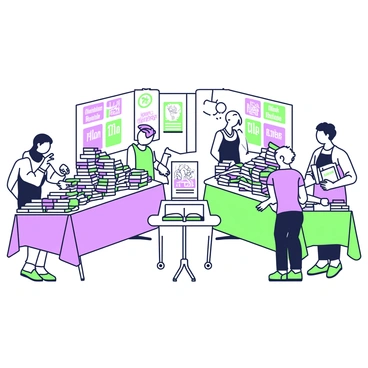 A book fair is taking place in a spacious indoor venue. Various stalls are arranged in neat rows, each decorated with vibrant signage displaying different genres and authors. On one stall, there are stacks of mystery novels, their covers showcasing intriguing designs. Next to it, another stall features a collection of classic literature, with well-worn editions and decorative bookmarks. A third stall is filled with children's books, displaying colorful illustrations on their covers. People of different ages are browsing through the books, some are engaged in conversation with vendors, while others are reading the back covers. A small table in the center holds pamphlets and a sign that reads "Welcome to the Book Fair."