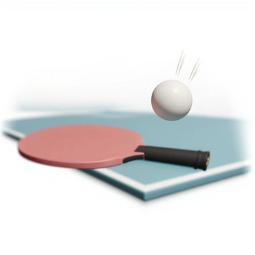 A close-up view of a table tennis ball, made of white plastic, captured mid-bounce off a red and black paddle. The paddle is angled slightly, showing the textured surface that grips the ball. The ball is in motion, with a slight upward trajectory, and small motion lines indicating its speed. The background features a blurred table tennis table, conveying a sense of action and intensity during the game.