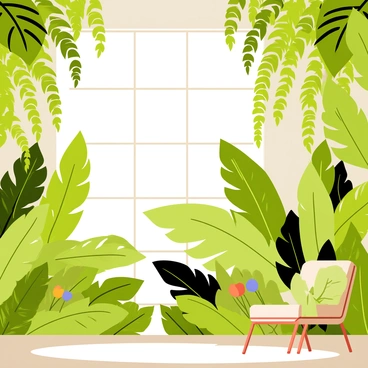An illustration of a room filled with large tropical leaves creating a lush indoor oasis.