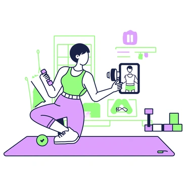 A person is engaged in a virtual dumbbell bench press class, seated on a fitness mat. The individual is wearing a fitted tank top and athletic shorts. In their hands, they hold a tablet displaying the virtual class, which features an instructor demonstrating the exercise. Behind the person, a well-organized workout area is visible, showcasing various fitness gear. There are dumbbells on the floor, a yoga block, and a water bottle placed neatly on a shelf in the background. The lighting is bright, emphasizing the energetic atmosphere of the workout session.