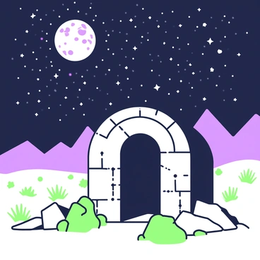 An empty tomb is situated in a desolate landscape, surrounded by rocky terrain. Above, the night sky is filled with countless stars twinkling in a deep, dark expanse. The moon hangs high, casting a silvery glow over the tomb, illuminating its weathered surface. Shadows are accentuated by the moonlight, creating a striking contrast on the ground around the tomb. The atmosphere is tranquil, with a faint breeze rustling the surrounding stones.