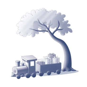 A small toy train is positioned underneath a large tree with a thick trunk and sprawling branches. The train consists of several cars, each car is distinctly shaped and has a shiny surface. Each car is filled with small wrapped presents of various sizes, showcasing different decorative patterns on the wrapping paper. The tree's leaves provide a natural canopy, creating interesting shadows on the ground around the train. The scene is set in a playful atmosphere, evoking a sense of joy and celebration.