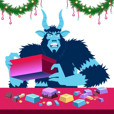 Krampus indulging in a box of assorted holiday chocolates